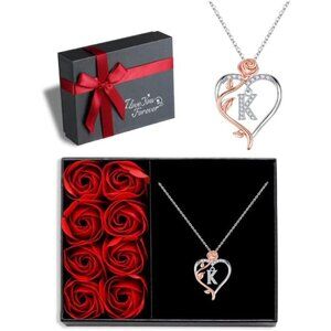 Sterling Silver Rose Heart Initial Necklace Gift for Women with Cubic Zirconia
